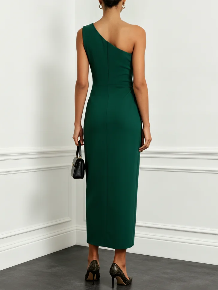 Green Lace Ruched Classic One Shoulder Sleeveless Sheath Midi Dress