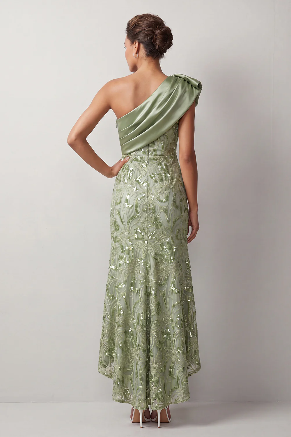 One Shoulder Bow Satin Bodice Sequin Floral High Low Midi Dress