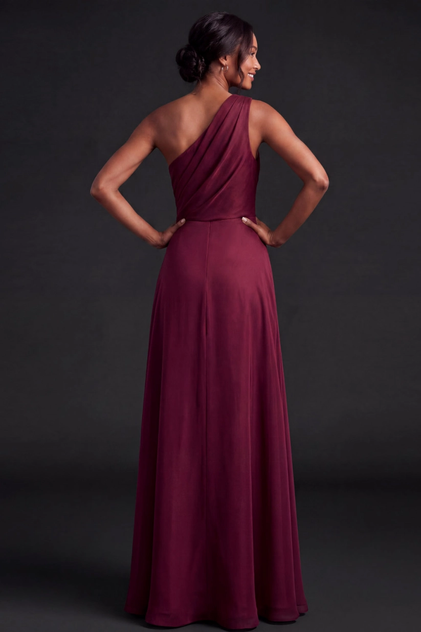 Burgundy One Shoulder Ruched Chiffon Maxi Dress