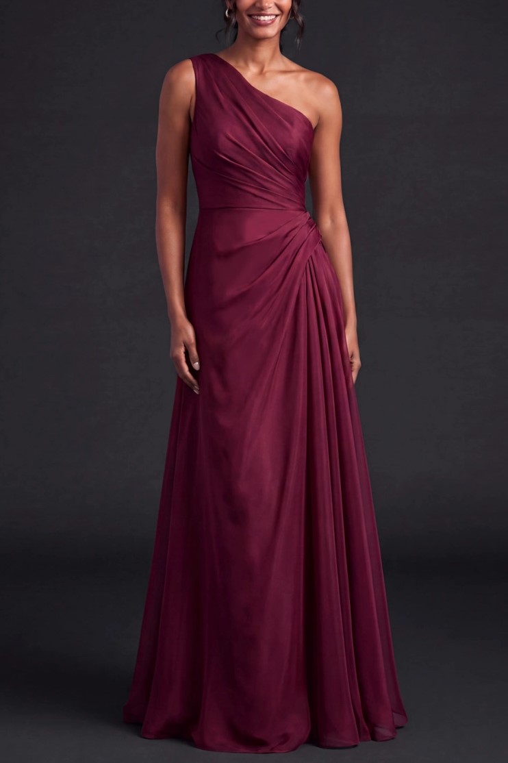 Burgundy One Shoulder Ruched Chiffon Maxi Dress