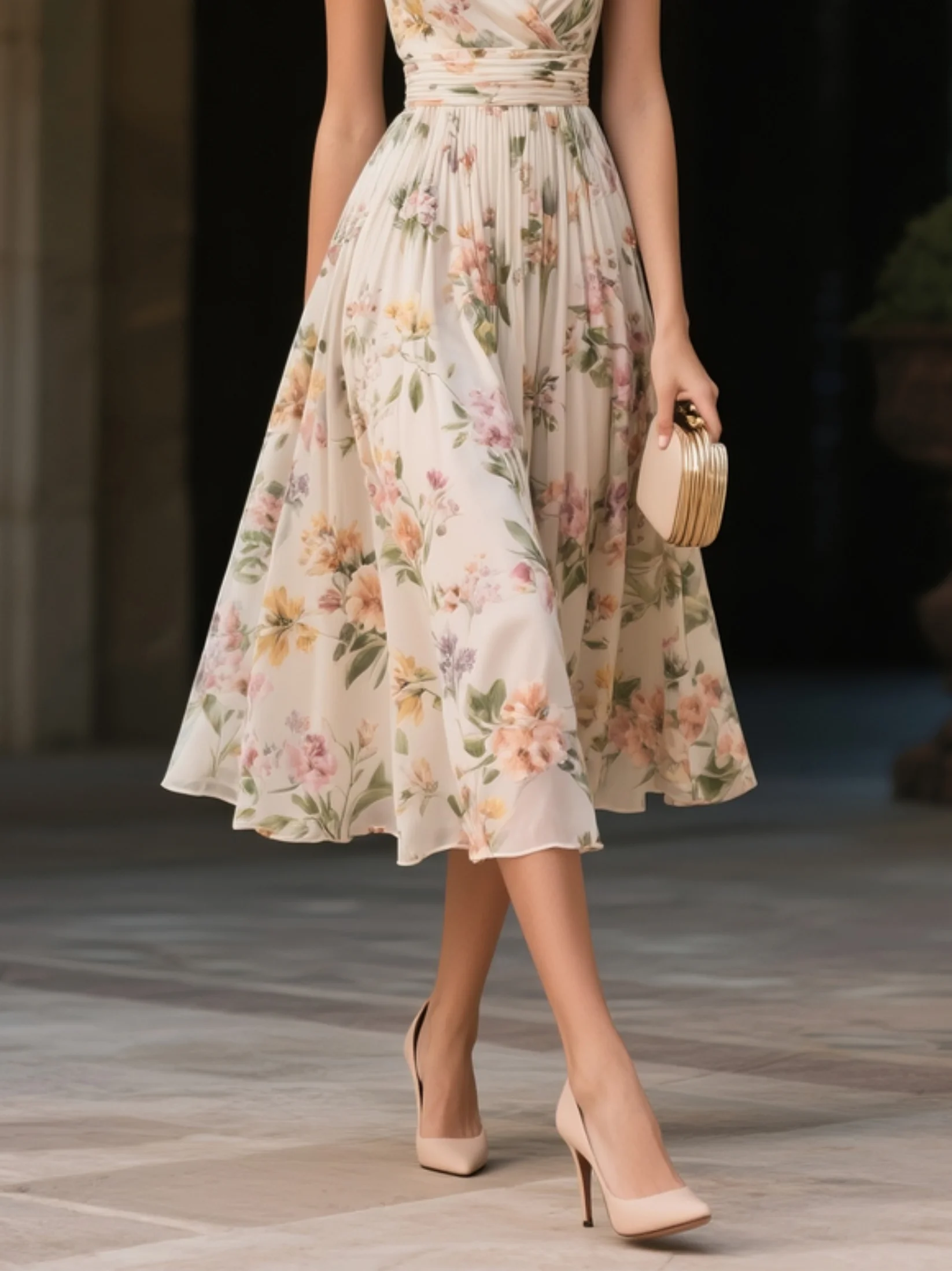 Beige Ruched Floral Chiffon V Neck Sleeveless A-Line Midi Dress