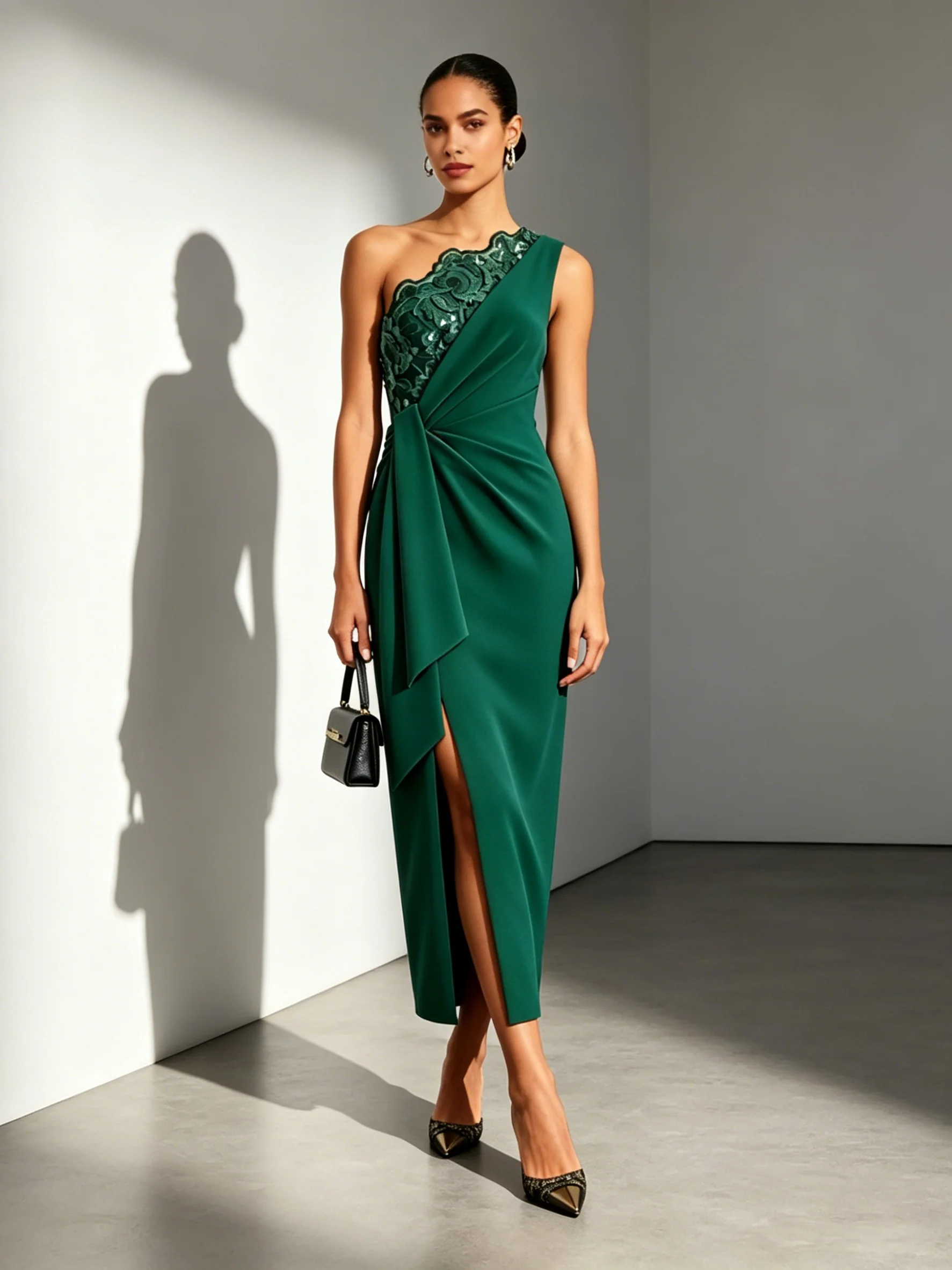 Green Lace Ruched Classic One Shoulder Sleeveless Sheath Midi Dress