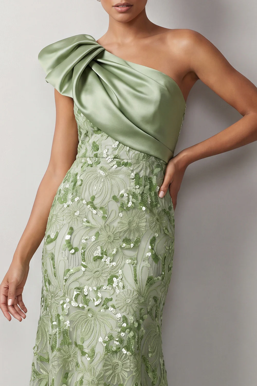 One Shoulder Bow Satin Bodice Sequin Floral High Low Midi Dress