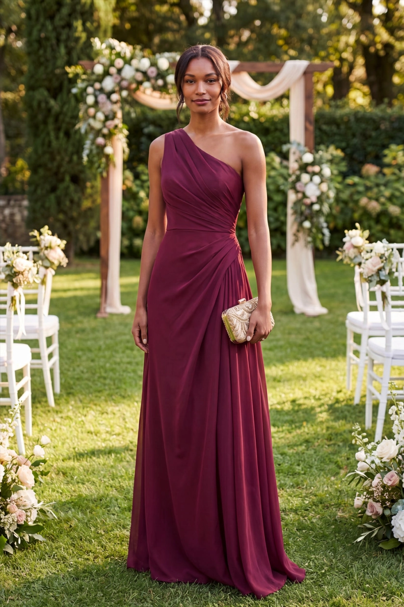Burgundy One Shoulder Ruched Chiffon Maxi Dress