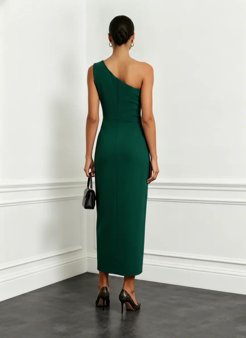 Green Lace Ruched Classic One Shoulder Sleeveless Sheath Midi Dress