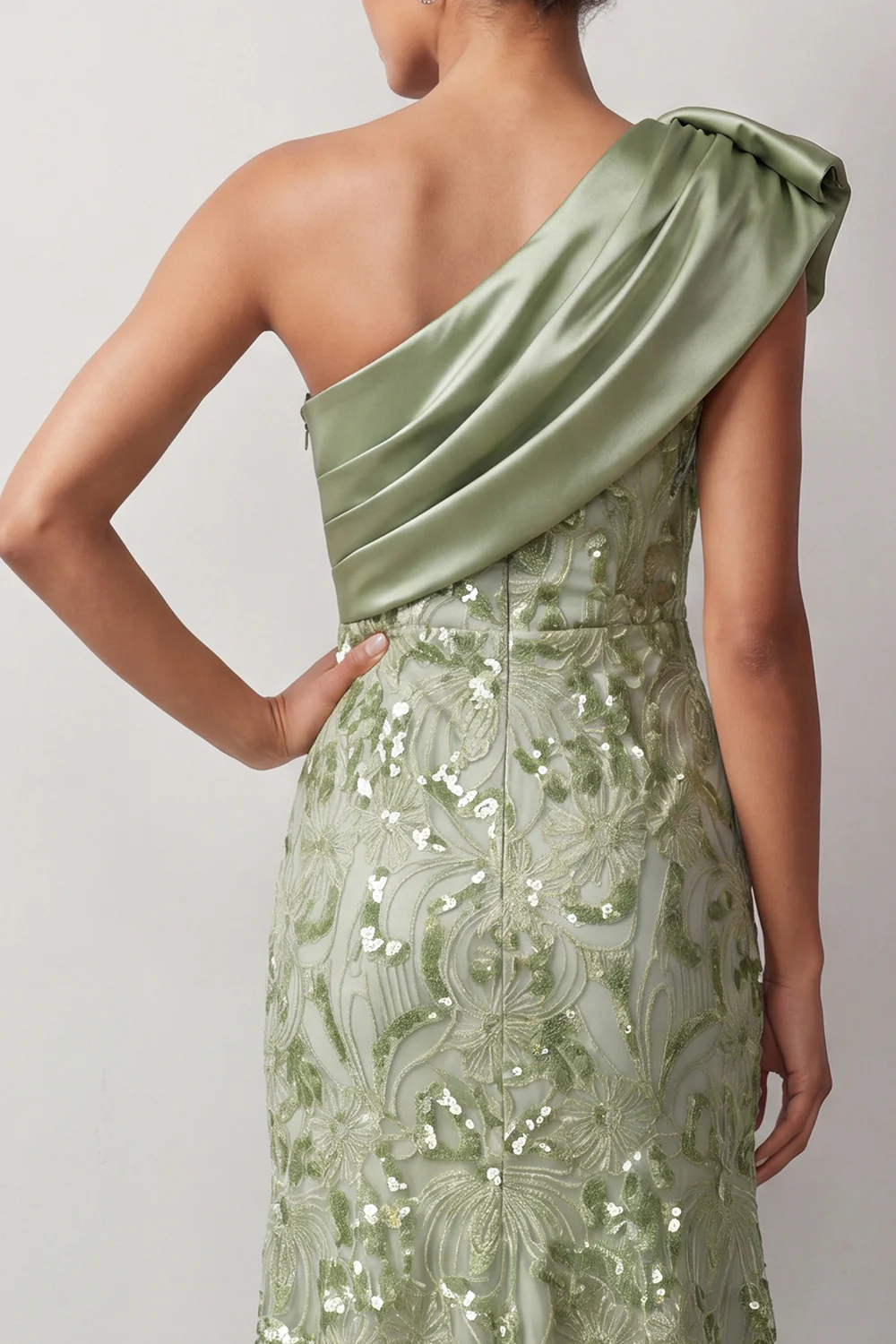 One Shoulder Bow Satin Bodice Sequin Floral High Low Midi Dress