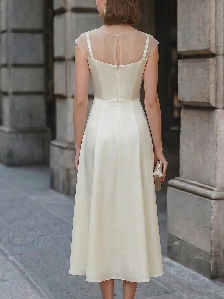 Sheer Bateau Neckline A-Line Midi Dress