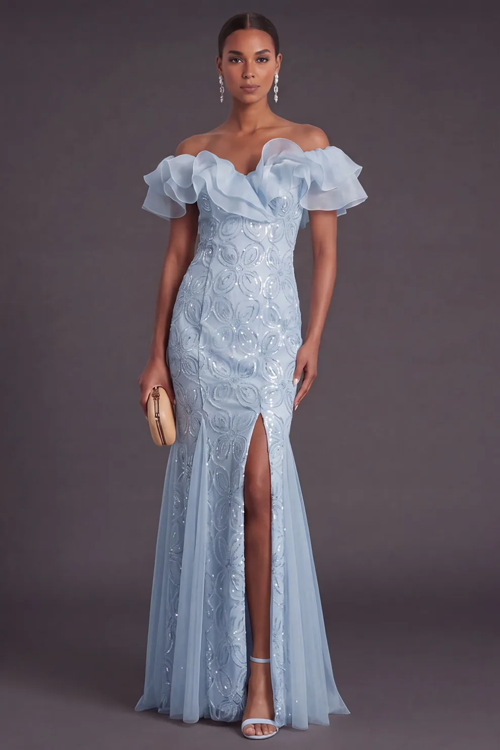 Sparkly Floral Off the Shoulder Mermaid Slit Maxi Dress