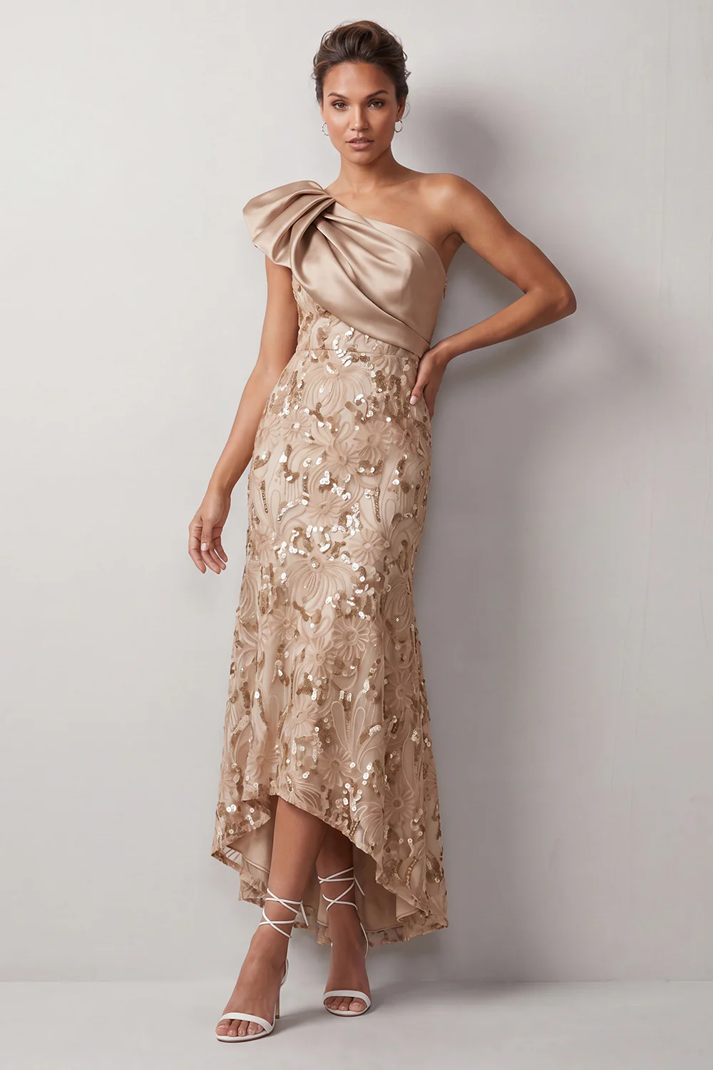 One Shoulder Bow Satin Bodice Sequin Floral High Low Midi Dress