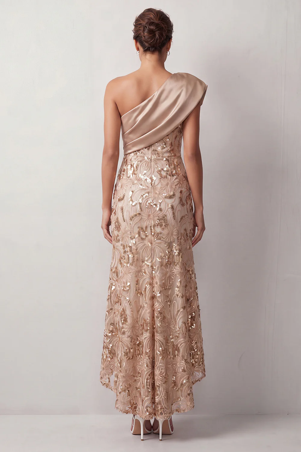 One Shoulder Bow Satin Bodice Sequin Floral High Low Midi Dress