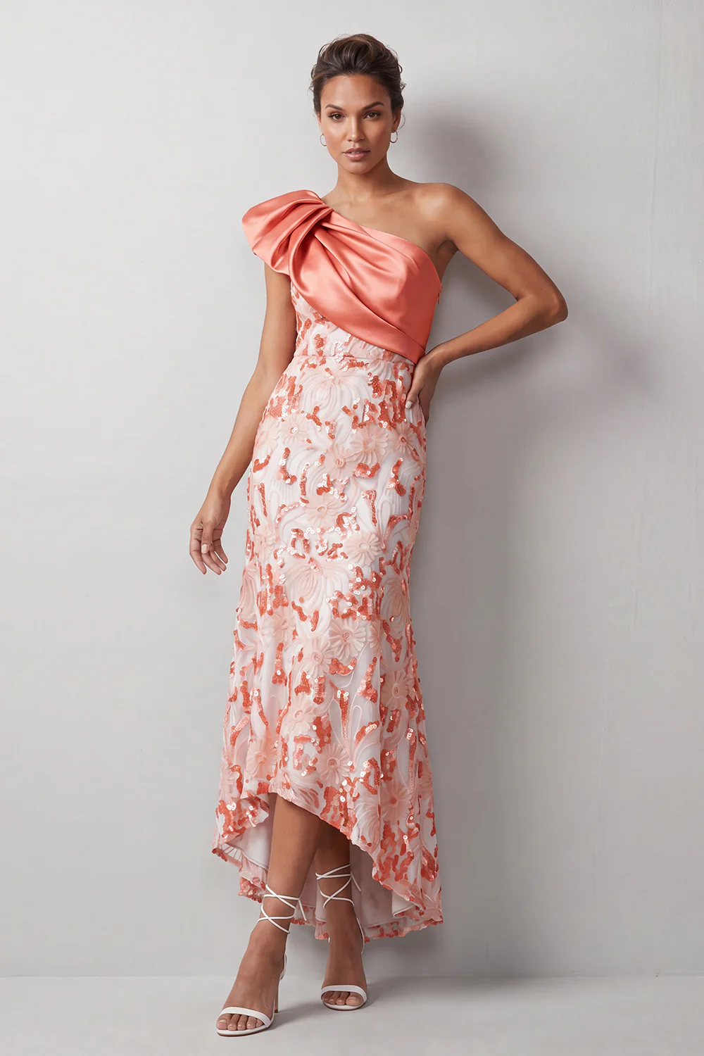 One Shoulder Bow Satin Bodice Sequin Floral High Low Midi Dress
