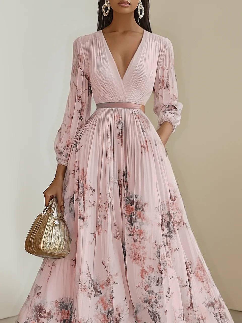 White Pleated Chiffon V Neck Floral Long Sleeve Balloon Sleeve A-Line Maxi Dress