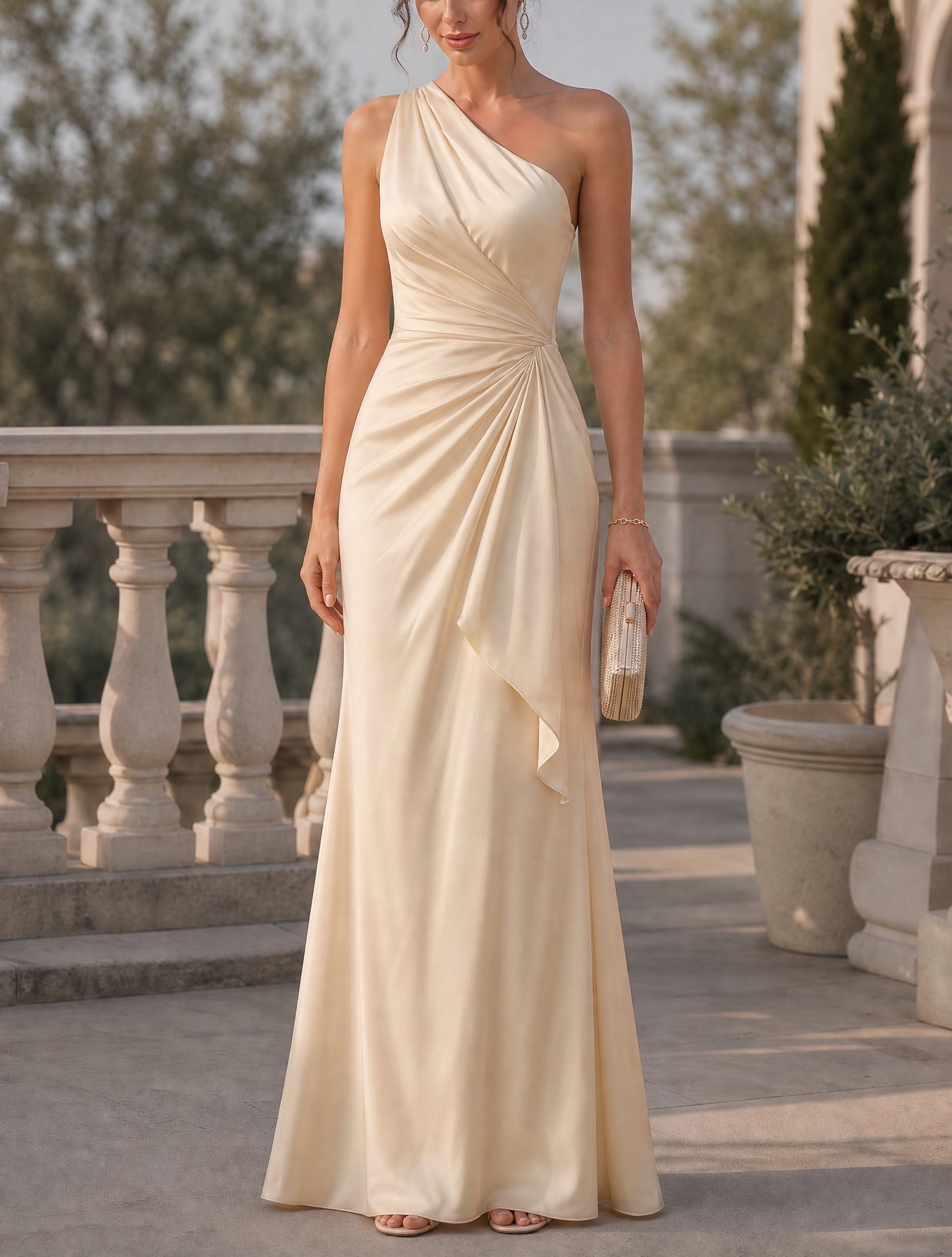 Champagne One Shoulder Draped Ruched Mermaid Maxi Dress