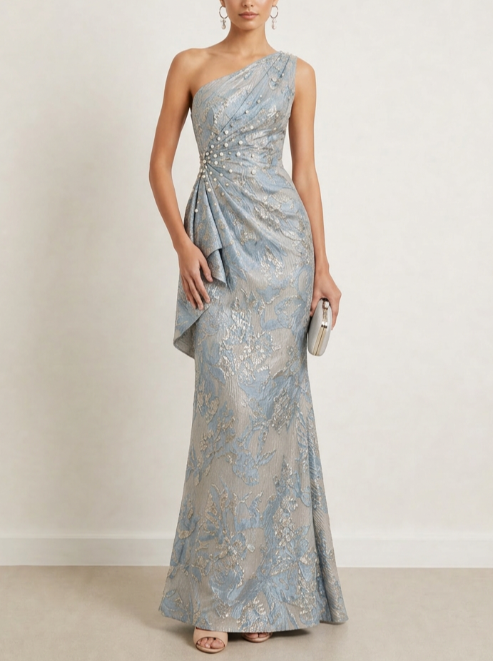 Dusty Blue One-Shoulder Metallic Floral Jacquard Mermaid Maxi Dress