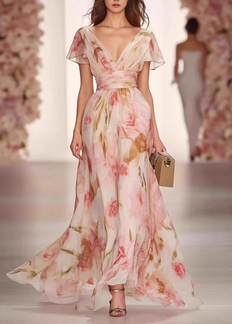 French Pink V Neck Print Chiffon Maxi Dresses