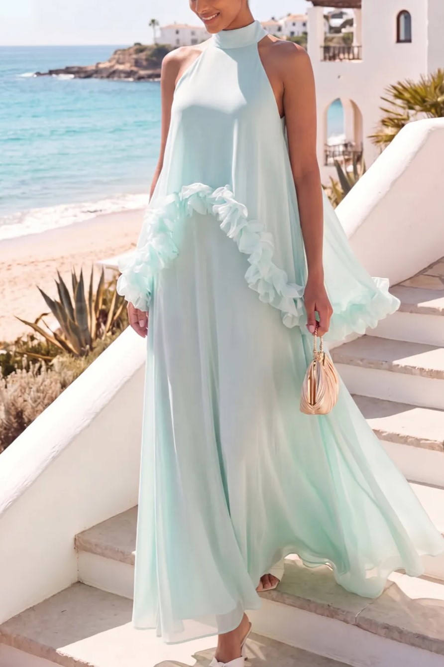 Mint Green Halter Neck A Line Maxi Dress