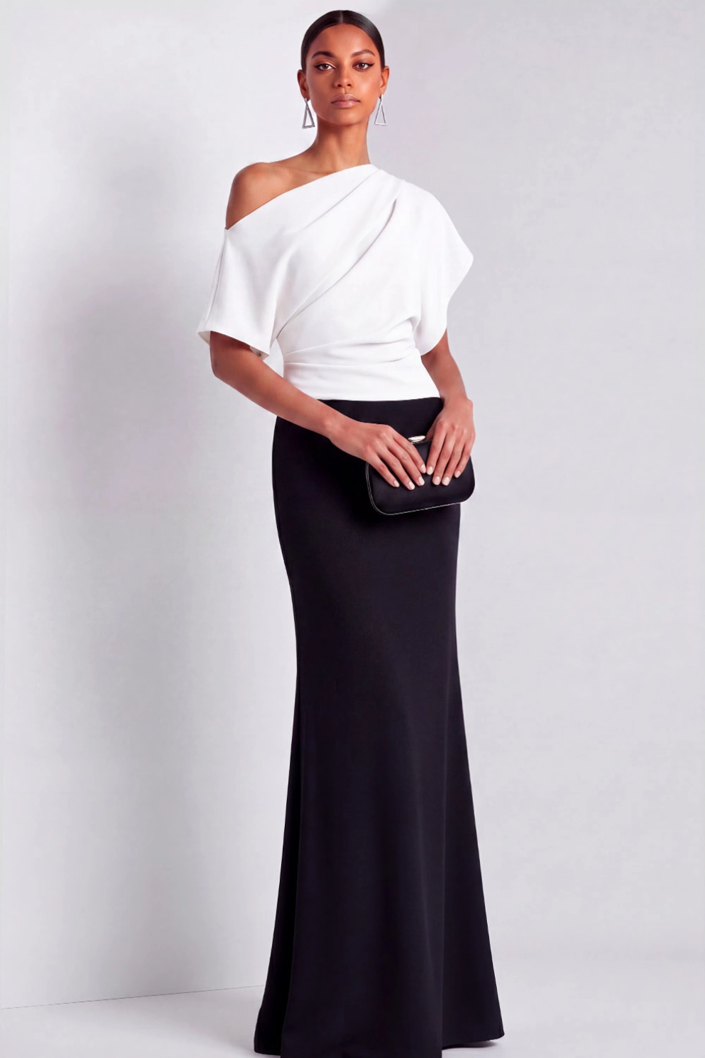 Black White Mermaid Off Shoulder Maxi Dress