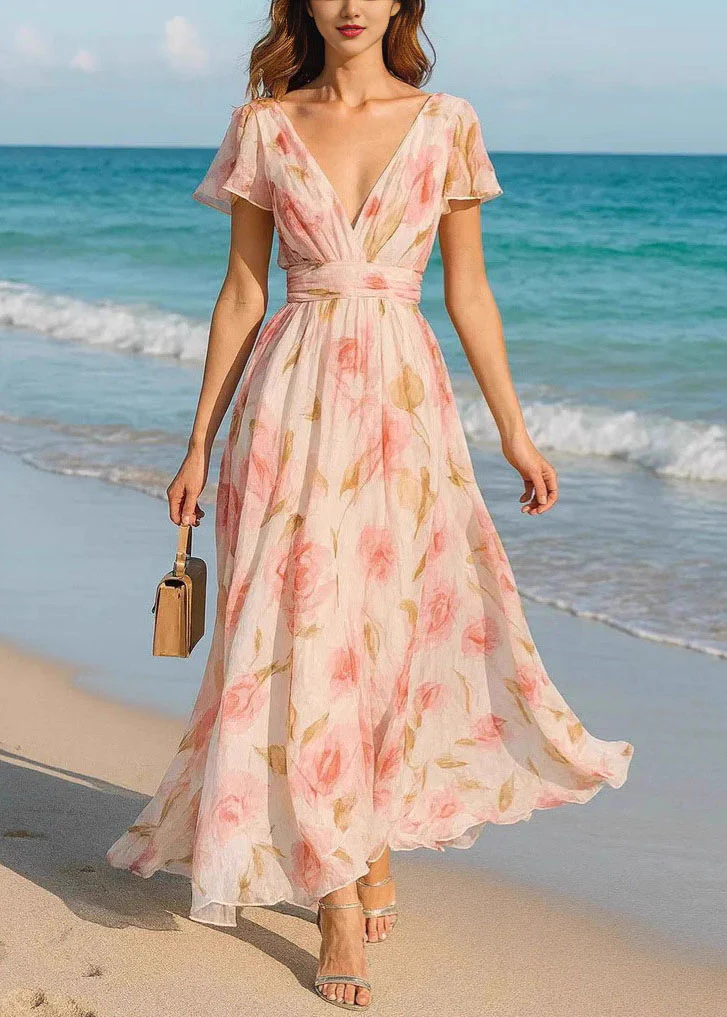 French Pink V Neck Print Chiffon Maxi Dresses