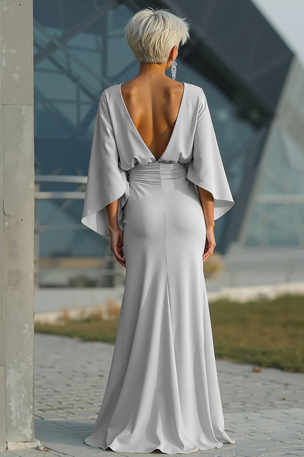 Bateau Batwing Sleeve Ruched Waist  with Pockets Mermaid Gown