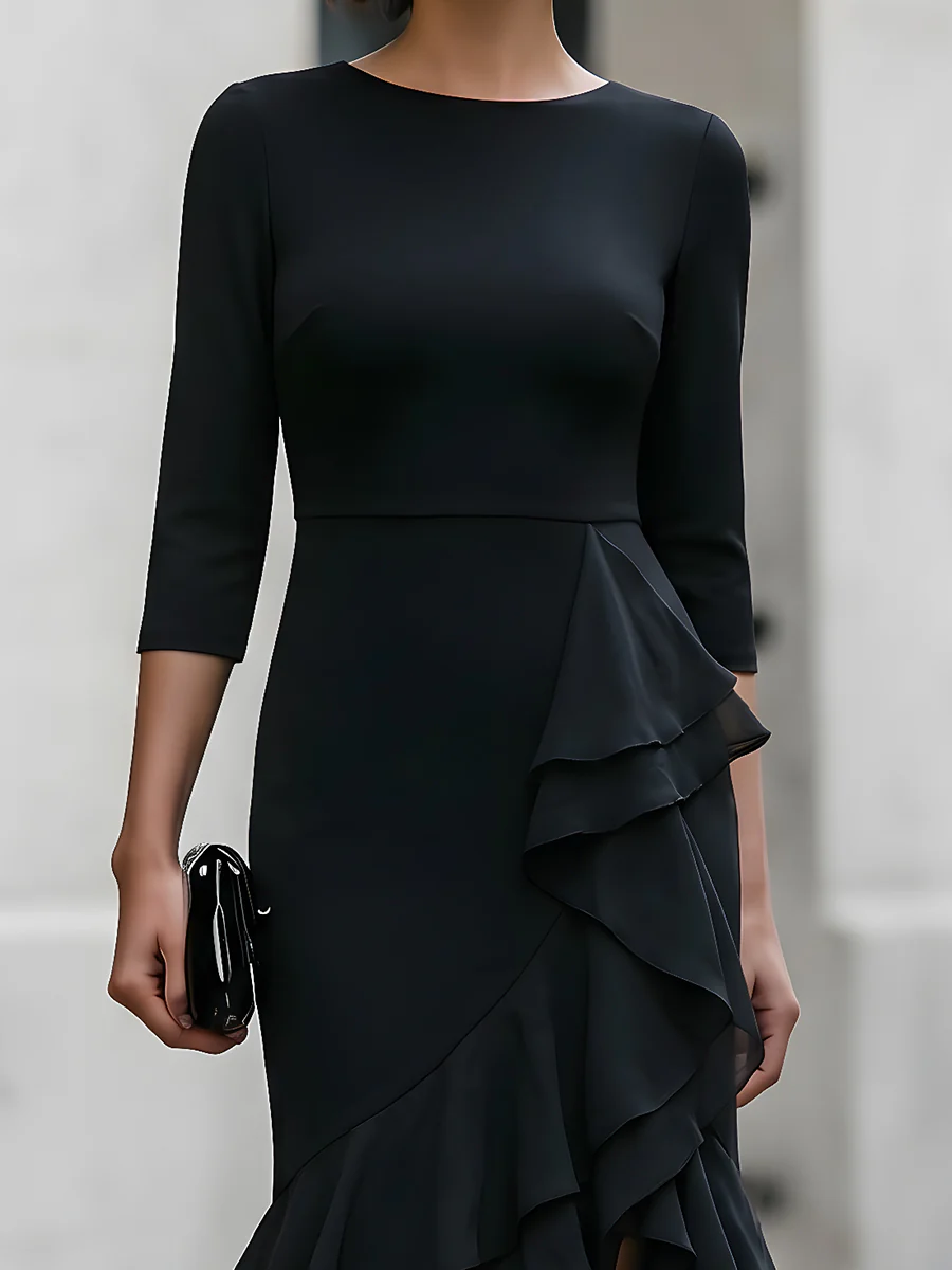 Three-Quarter Sleeve Asymmetric Ruffle Maxi Dress
