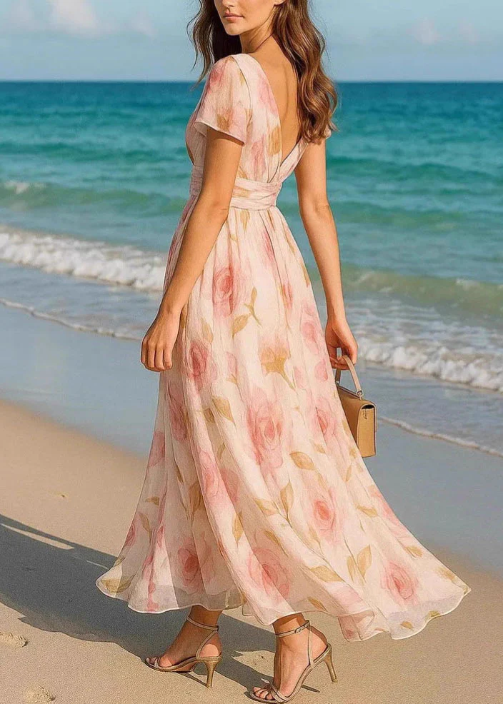 French Pink V Neck Print Chiffon Maxi Dresses