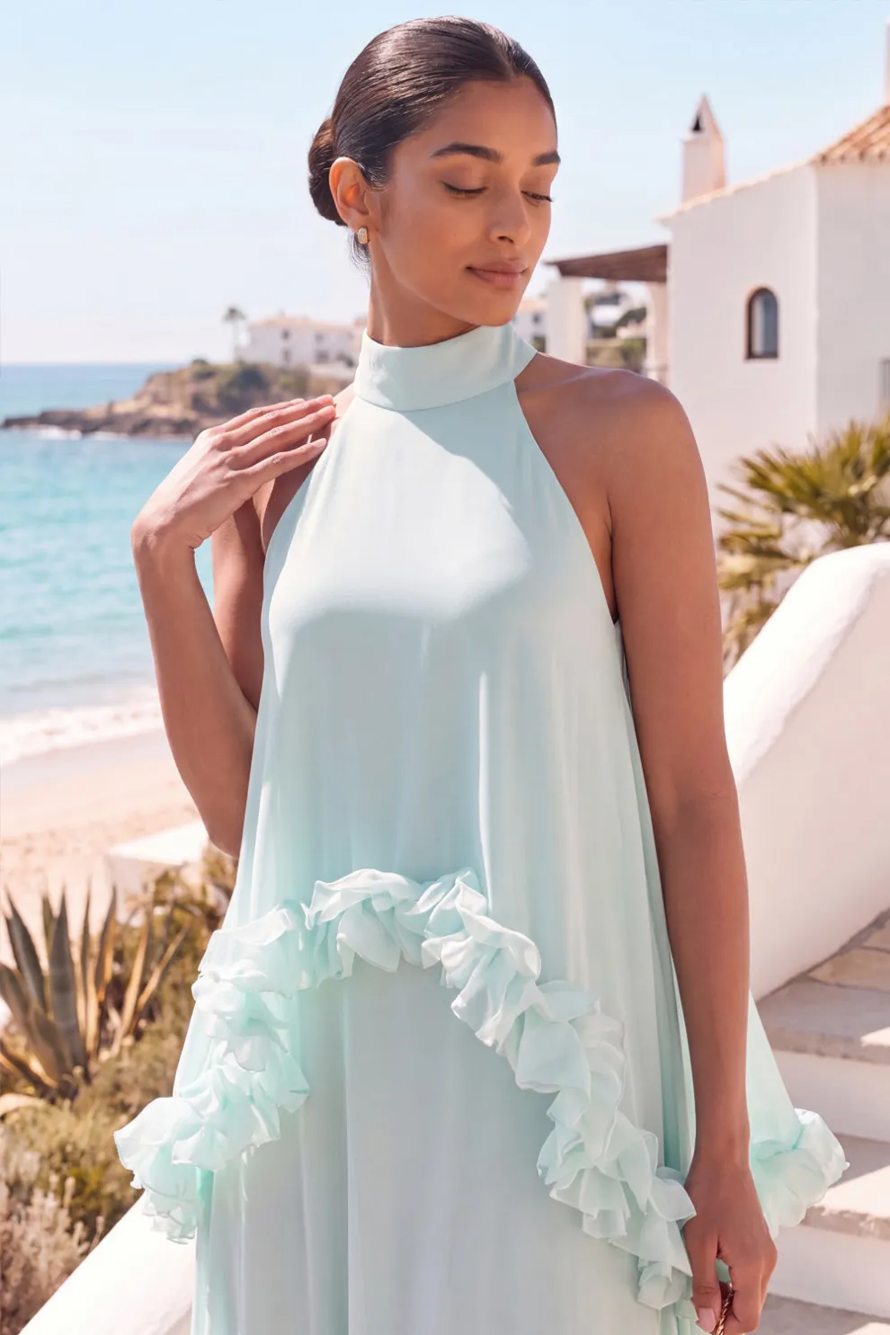 Mint Green Halter Neck A Line Maxi Dress
