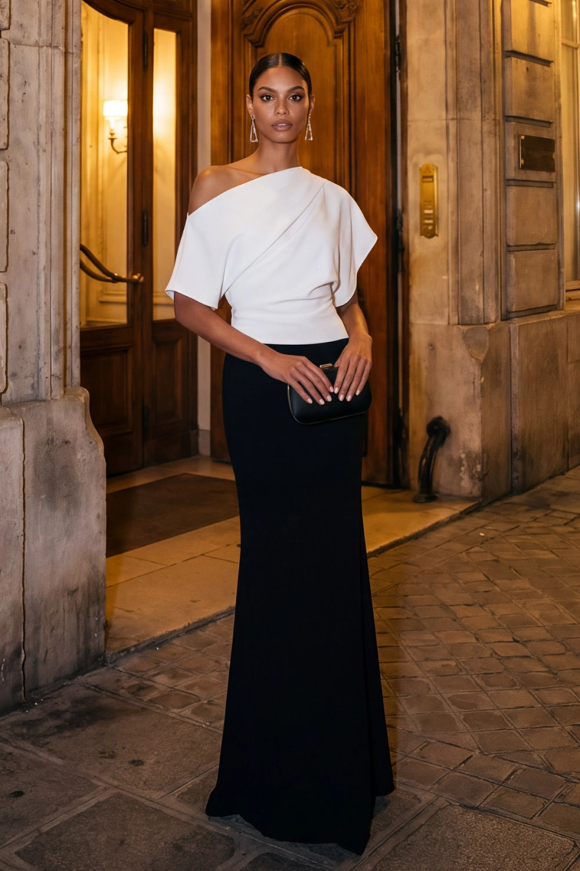 Black White Mermaid Off Shoulder Maxi Dress