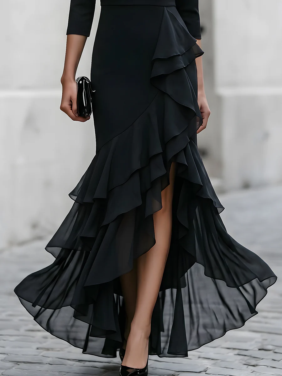 Three-Quarter Sleeve Asymmetric Ruffle Maxi Dress