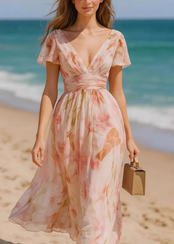 French Pink V Neck Print Chiffon Maxi Dresses