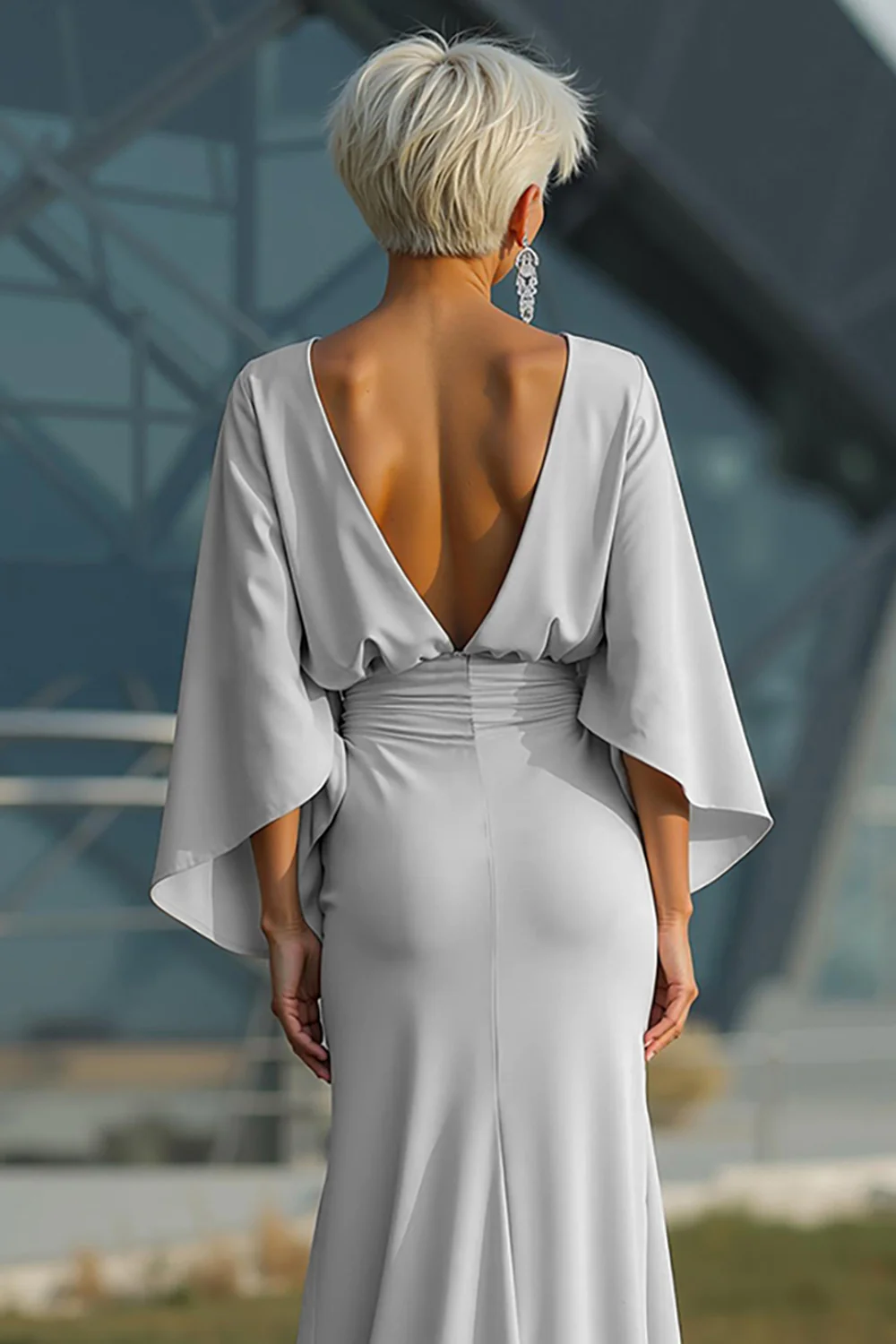 Bateau Batwing Sleeve Ruched Waist  with Pockets Mermaid Gown