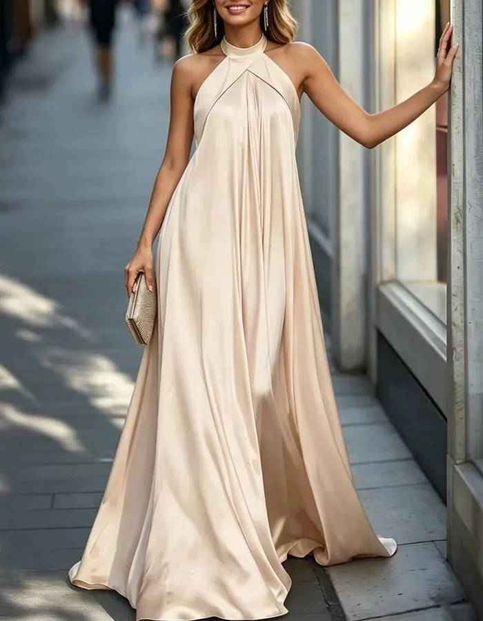 Champagne Satin Halter Neck A-Line Maxi Dress
