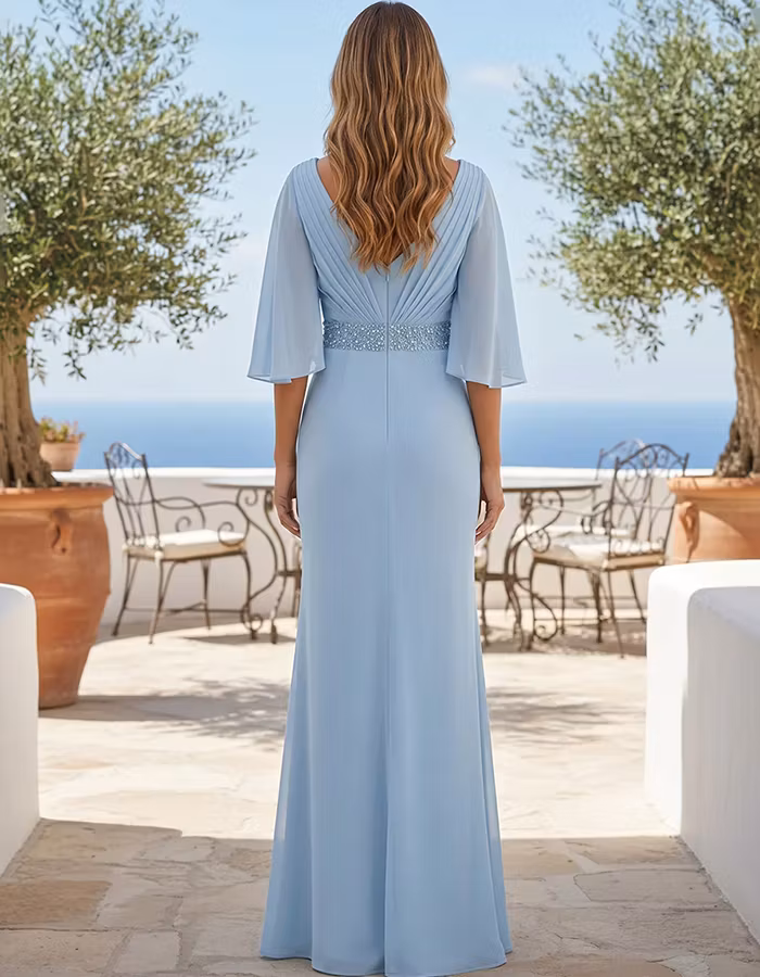 Light Blue Capelet Sequined Chiffon Maxi Dress