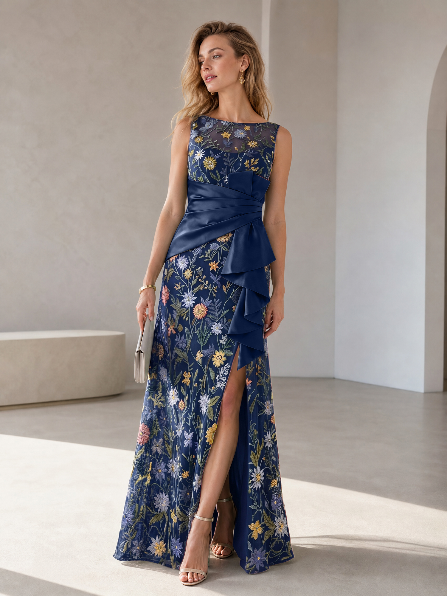 Green Floral Embroidery Sleeveless Gown with Satin Wrap Waist & Side Slit