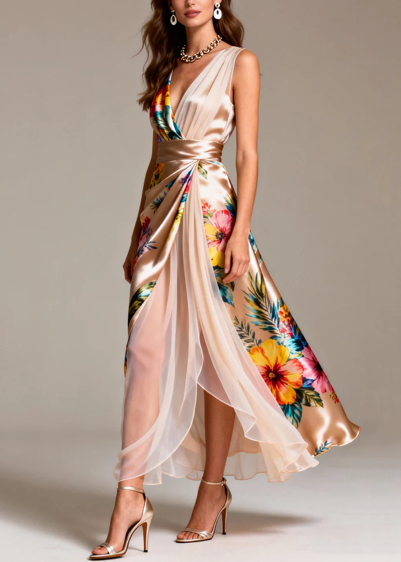 Champagne Sleeveless Patchwork Tulle Silk Maxi Dress