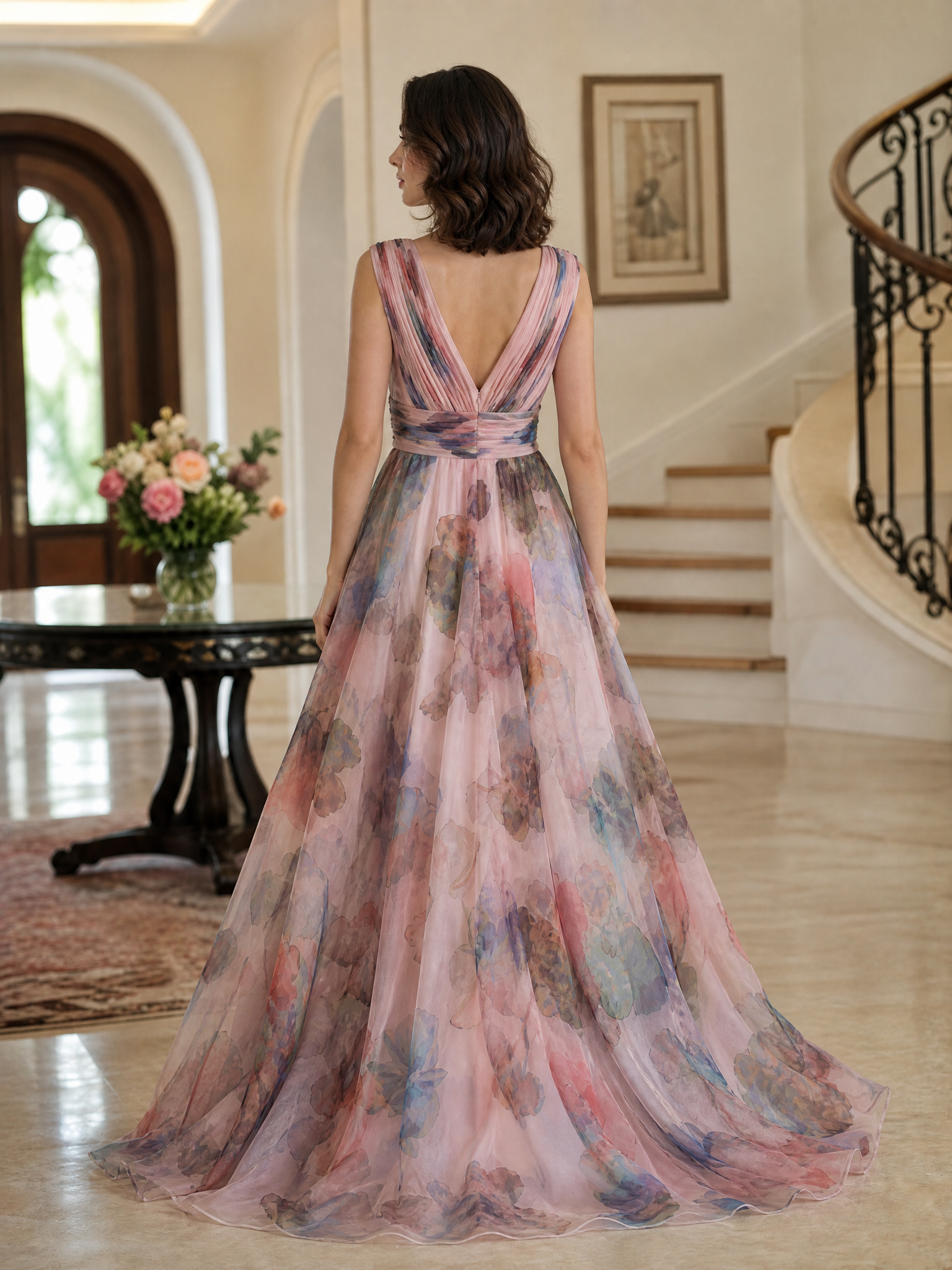 V-Neck Sleeveless Front Split Floral Print Chiffon A-Line Gown