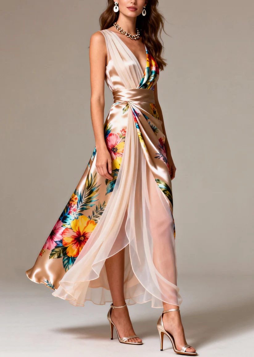 Champagne Sleeveless Patchwork Tulle Silk Maxi Dress