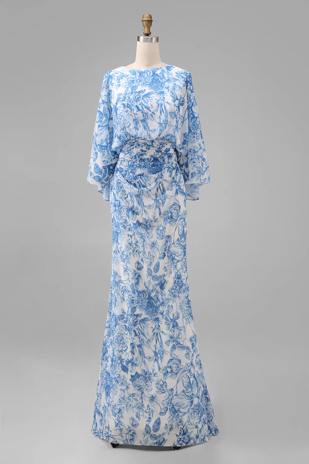 Floral White Blue Sheath Boat Neck with Pockets Maxi Dress