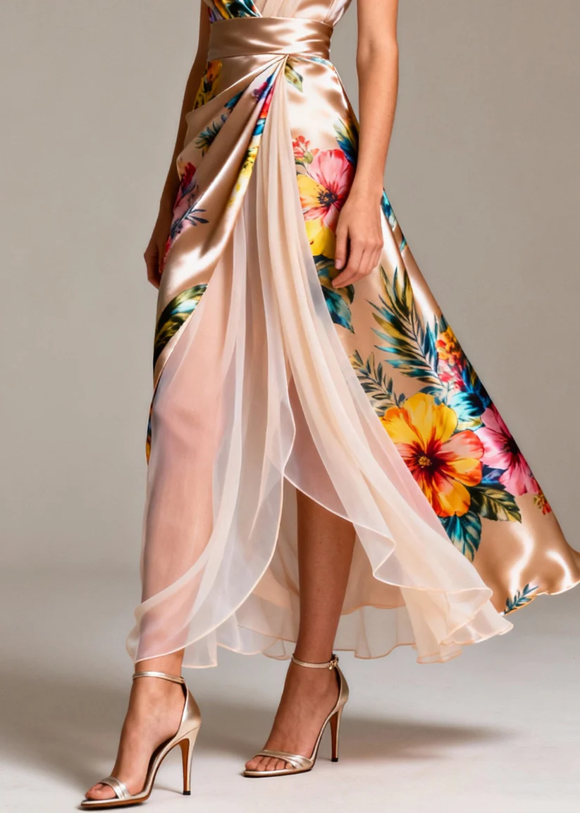 Champagne Sleeveless Patchwork Tulle Silk Maxi Dress