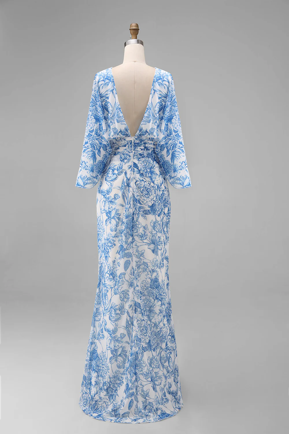 Floral White Blue Sheath Boat Neck with Pockets Maxi Dress