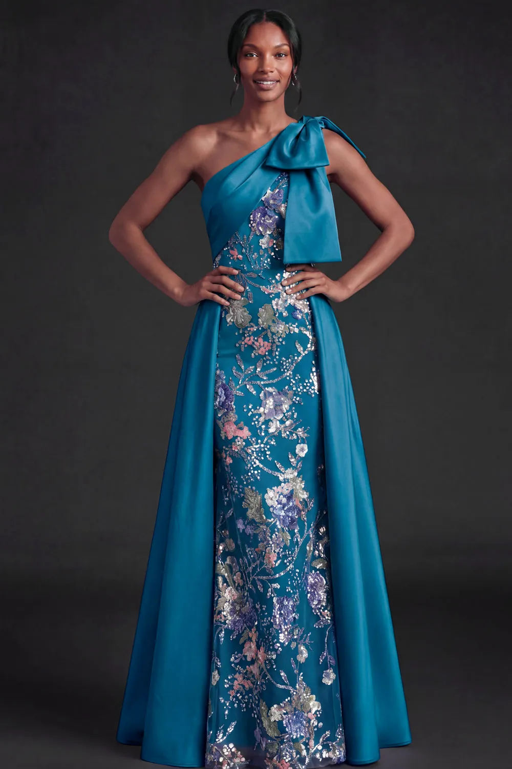 Peacock Satin One Shoulder Floral Sequin Overlay A-Line Floor Length Evening Gown