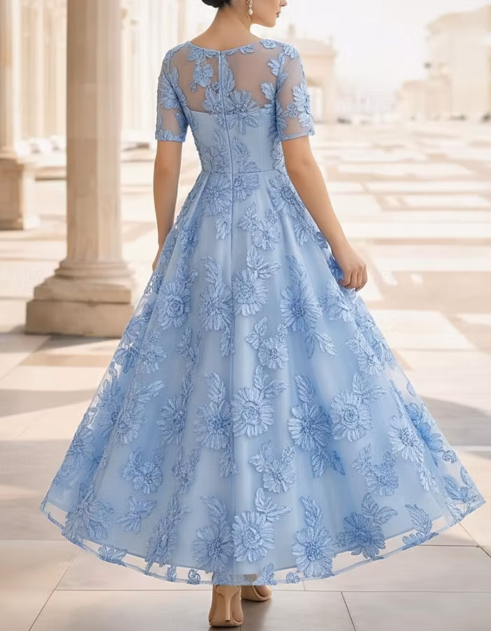 Sky Blue Round Neck 3D Floral Lace A-Line Ankle-length Dress