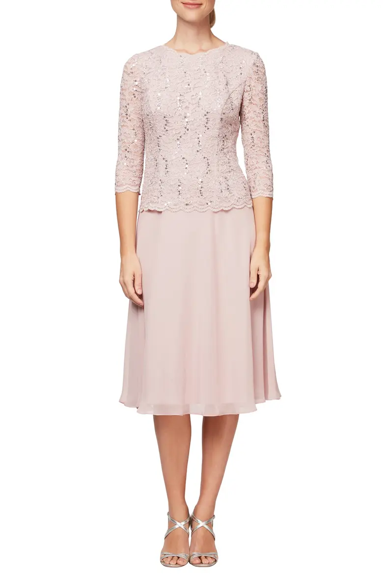 Classic Sequined Lace and Chiffon Two-Piece Knee-Length Dress Set