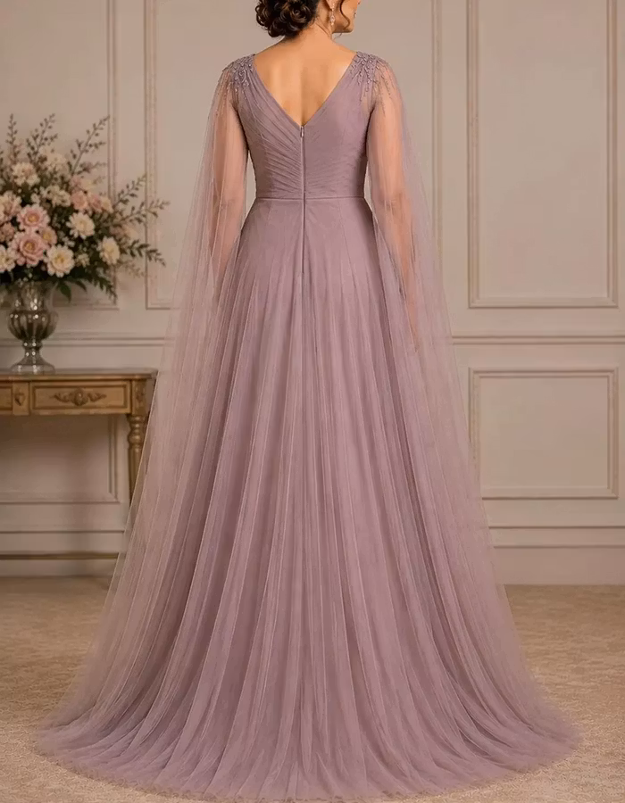 Dusty Purple V-Neck Capelet Tulle Maxi Dress