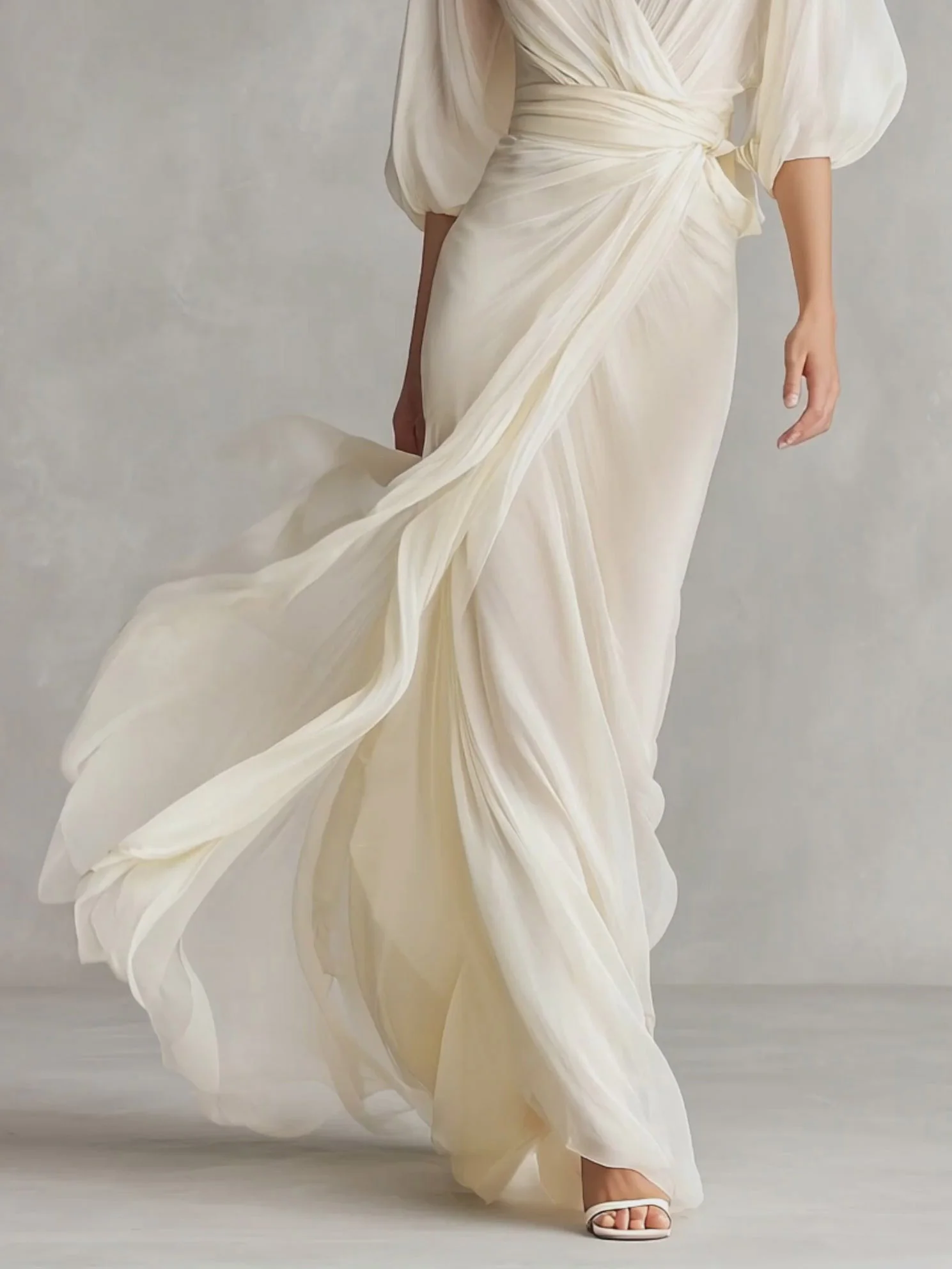 Elegant Chiffon Puff-Sleeve Wrap Maxi Dress