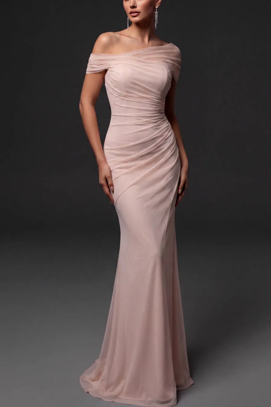 Off Shoulder Mermaid Pleated Chiffon Maxi Dress