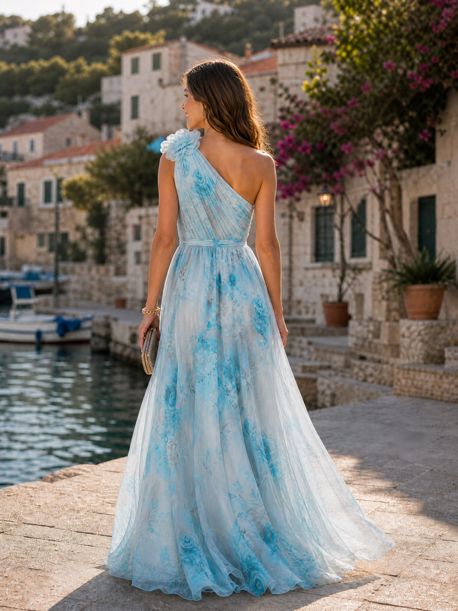 One-Shoulder Floral Applique Floor-Length Chiffon A-Line Gown