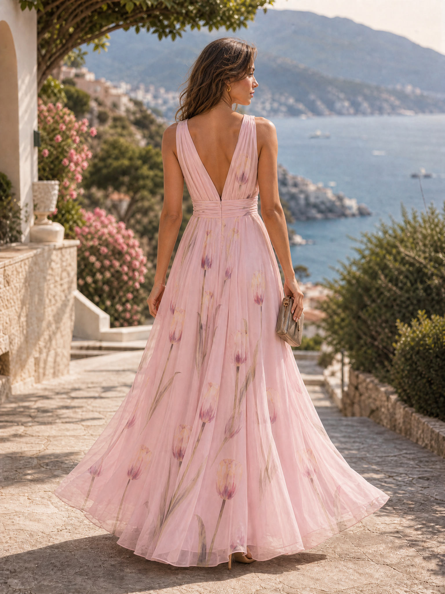 Plunging V-Neck Sleeveless Tulip Print Floor-Length Chiffon A-Line Gown