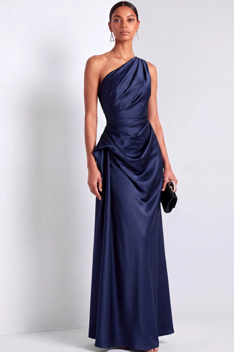 Navy One Shoulder Ruched Satin Maxi Dress