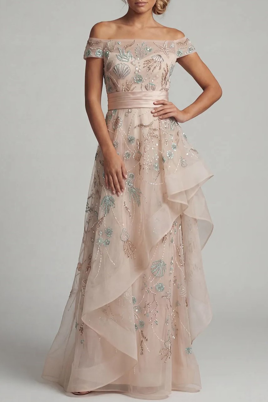 Sparkly Blush A Line Ruffled Floral Maxi Dress
