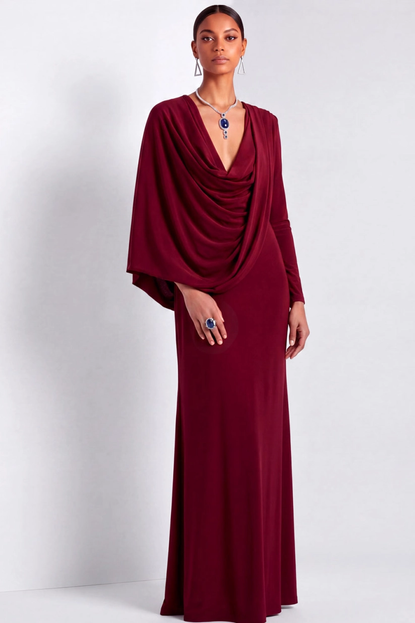 Burgundy V Neck Long Sleeve Cape Maxi Dress